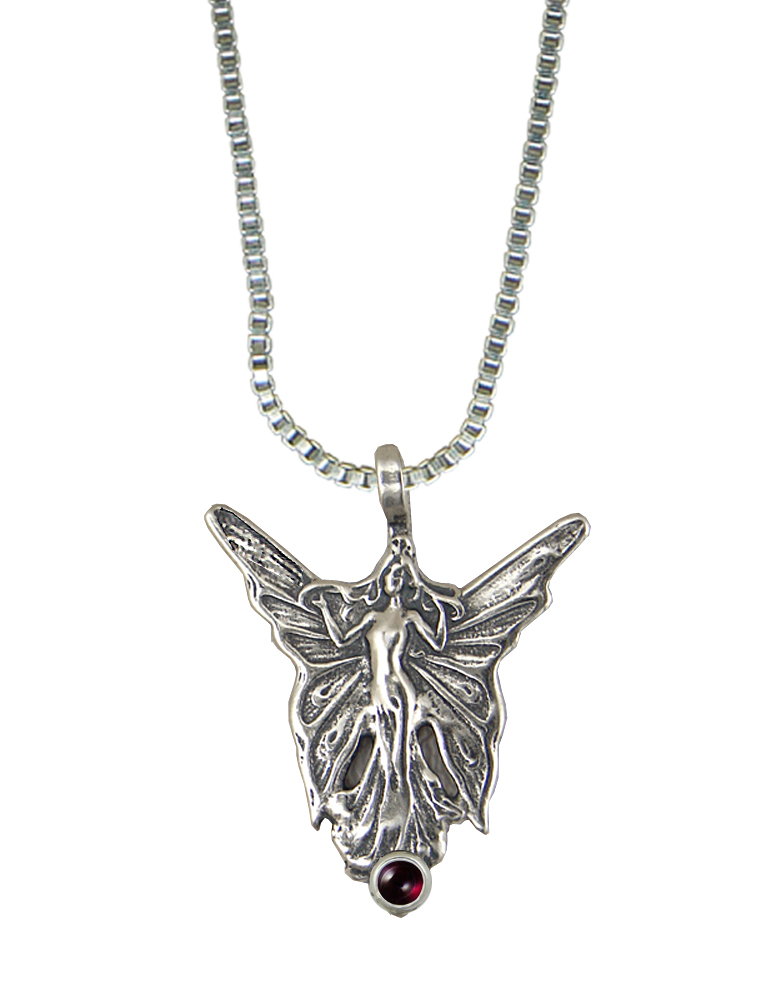 Sterling Silver Butterfly Fairy Pendant With Garnet